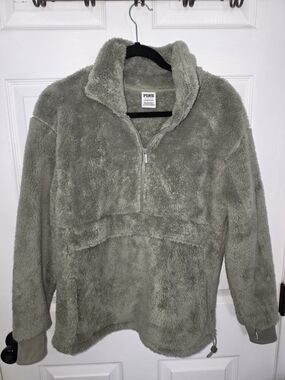 PINK Victoria's Secret Plush Half-Zip Hoodie in Olive Green
